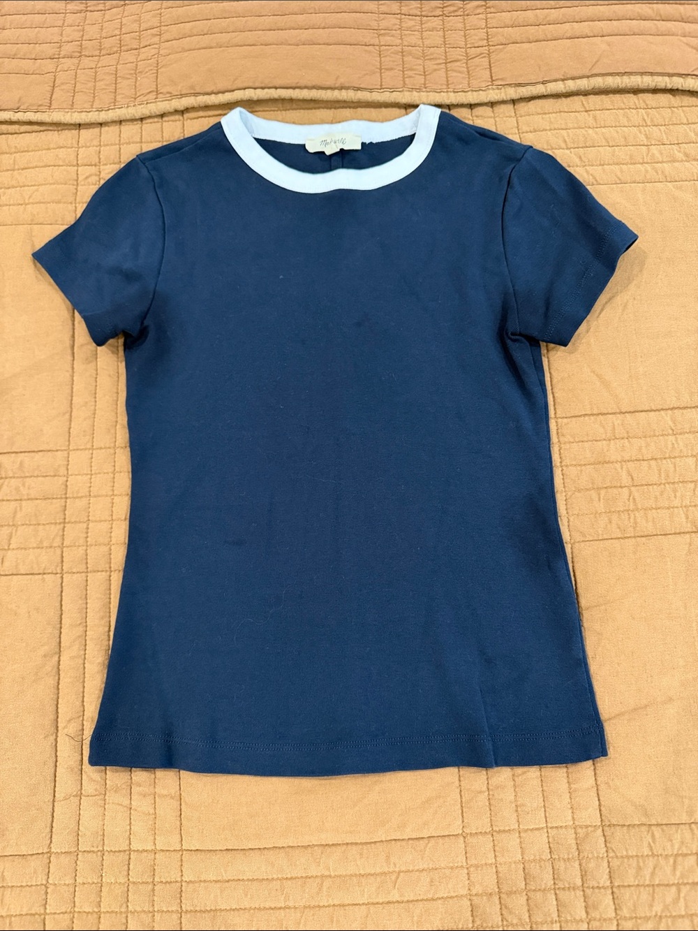 Madewell Women’s Navy Tee with White Crew Neck - Size S